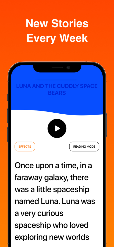 Mobile interface of the Dreamtales app showing a story about a spaceship named Luna with a play button and reading mode options.