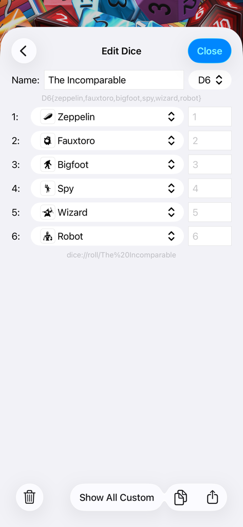 Interface for editing custom dice in Dice by PCalc showing a six sided die with unique labels and icons