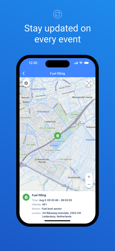 Wialon Local - Wialon Local mobile app showing a fuel filling event on a map with detailed volume and location data