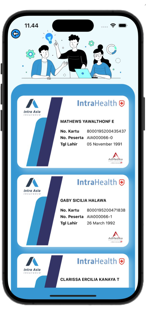 Intra Asia Health - Cartões de seguro digitais na tela do aplicativo Intra Asia Health