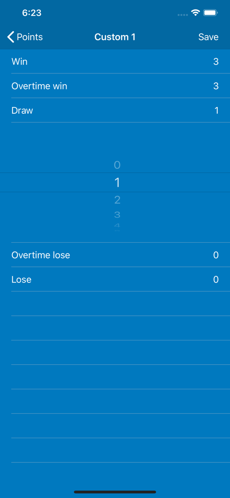 Interface for configuring points awarded for various match outcomes like wins and draws