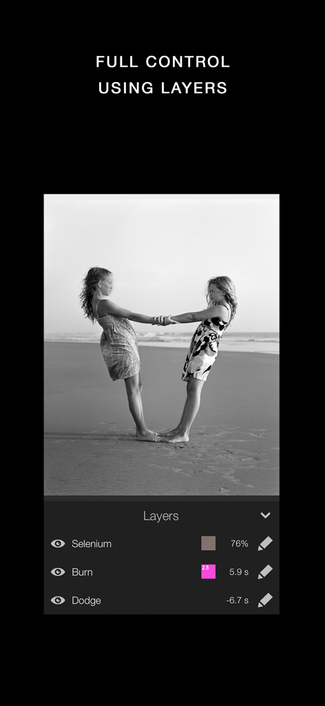 Darkr app interface showing manual editing layers for a black and white photo including Selenium Burn and Dodge tools