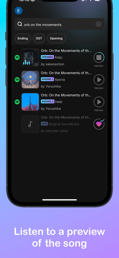 AniPlaylist - Captura de pantalla de la aplicación AniPlaylist que muestra una lista de canciones de anime de Orb On the Movements con botones de reproducción para escuchar una vista previa de cada pista