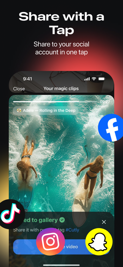 Reels Templates & Maker: CutLy - CutLy app interface showing easy video sharing to social media platforms like TikTok and Instagram