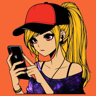 realistic girl with a long ponytail and trucker hat holding an iphone