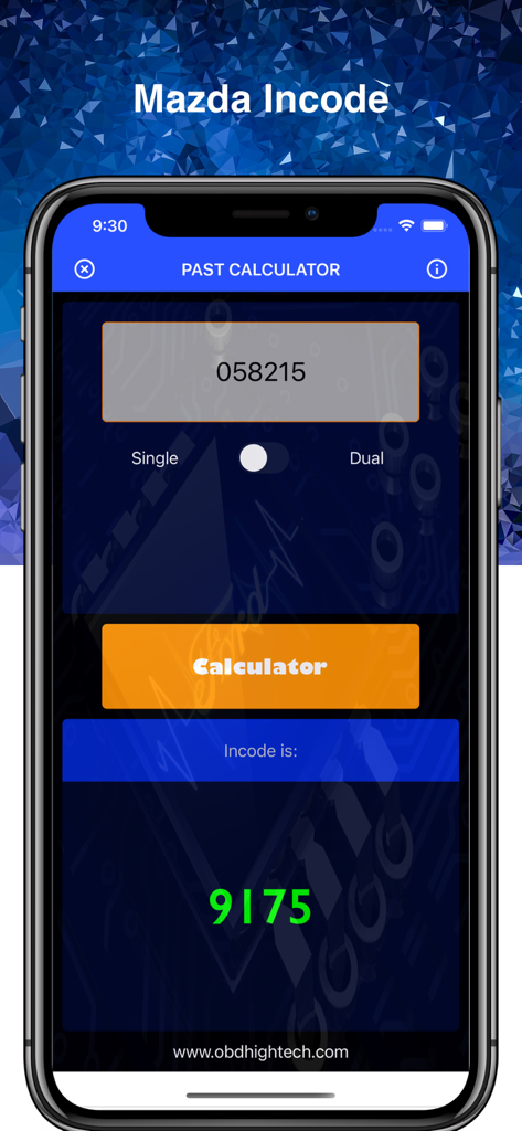 Incode by Outcode - Interface of the Incode by Outcode app showing a Mazda security code calculation result