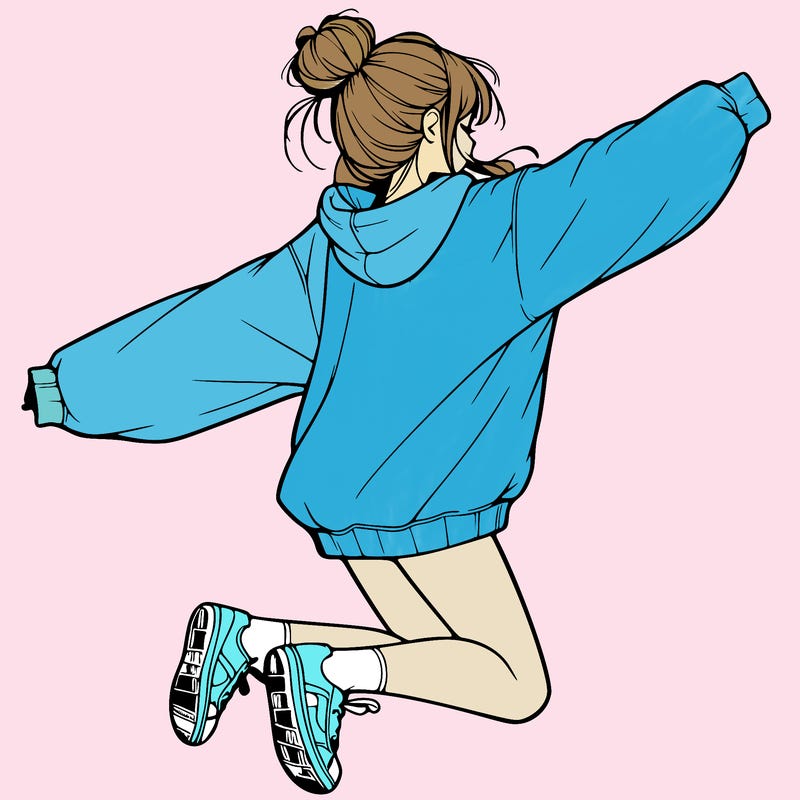 realistic girl jumping with a bun and oversized sweatshirt