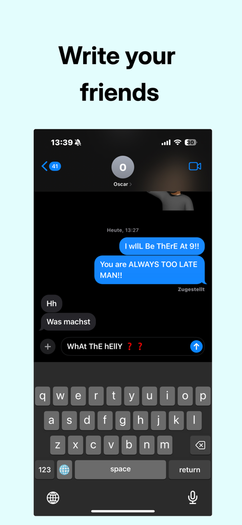 iPhone screenshot showing a text message conversation using the sPoNgEcAsE keyboard to type in alternating mocking case