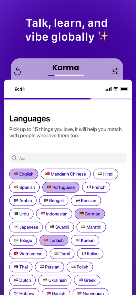 Karma - International Dating - Pantalla de selección de idioma en la aplicación de citas Karma con banderas y nombres de varios idiomas globales