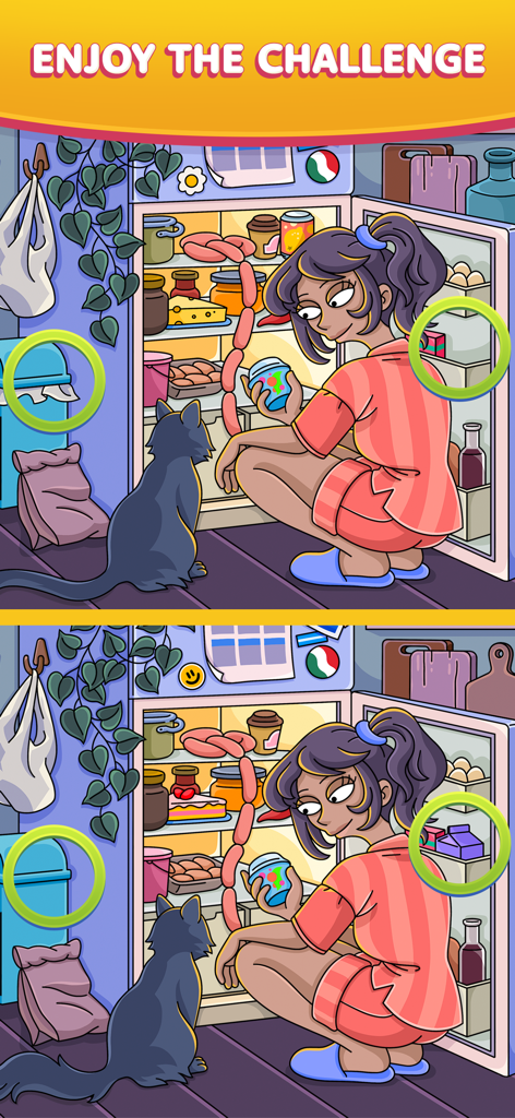 Find Easy - Hidden Differences - 女性と猫が冷蔵庫の中を見ている間違い探しパズルレベル、違いに緑の円が描かれている