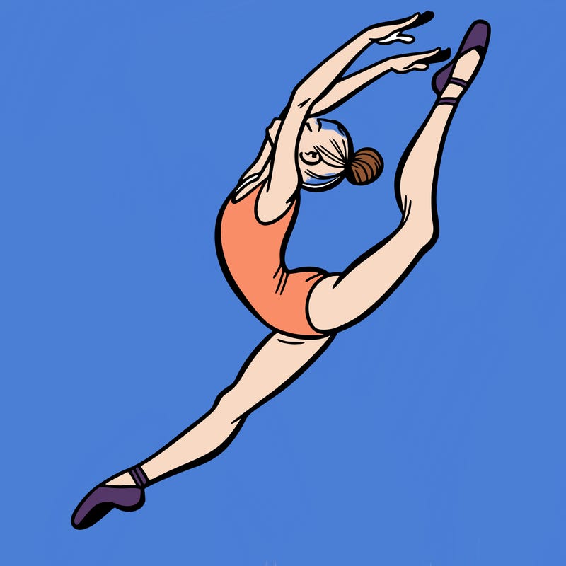 gymnast doing a leap in a leotard with a bent back leg