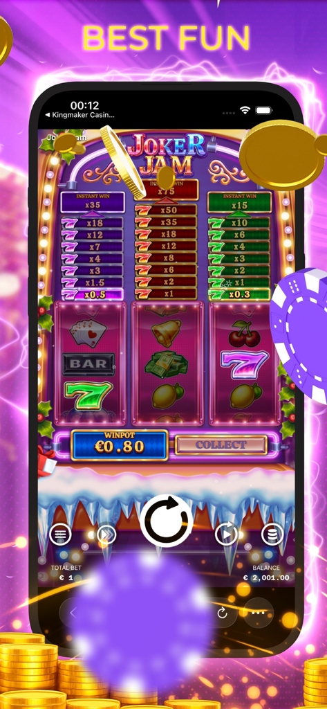 Kingmaker Casino: Trial Games - Joker Jam slot machine gameplay on Kingmaker Casino mobile app