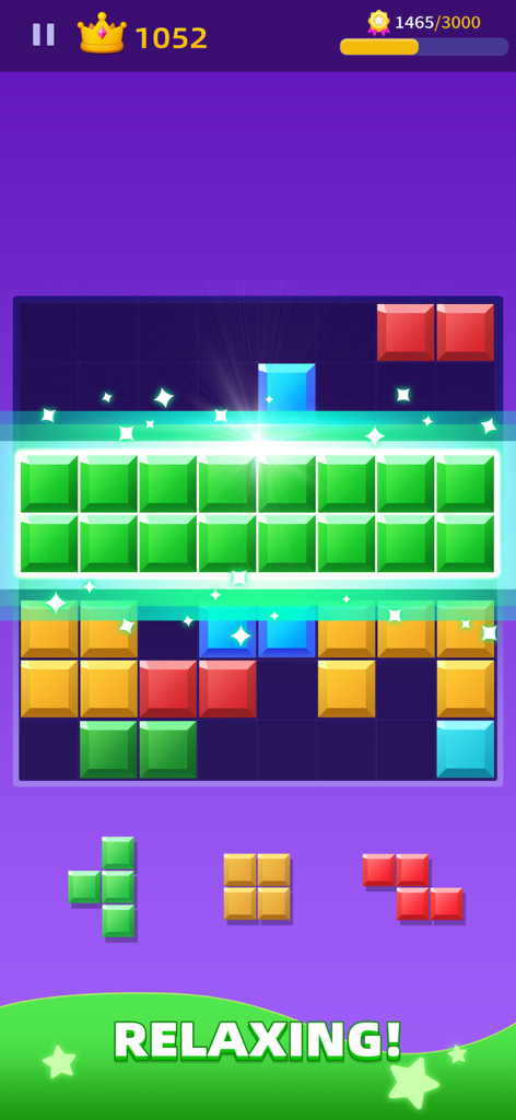 Colorful block puzzle grid with glowing animations clearing rows and text saying relaxing