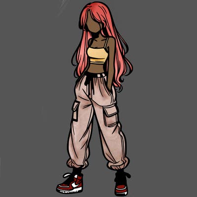 girl in baggy pants crop top and long hair
