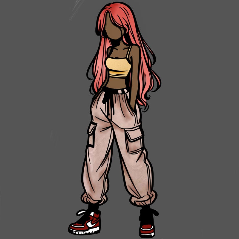 girl in baggy pants crop top and long hair