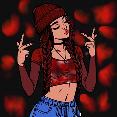 realistic teenage girl with braids and a beanie and crop top doing 🫶🏼