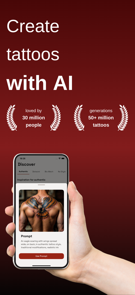 AI Tattoo Design・ TattooLab - Mano sosteniendo un smartphone que muestra la interfaz de la aplicación TattooLab con un diseño de tatuaje de águila generado por IA