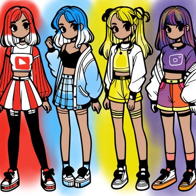 one girl with crop-top shirt and a jacket with a skirt, long socks and another girl with a shirt and pants with a jacket