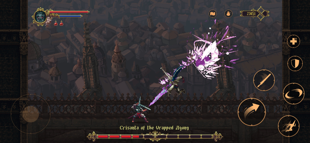 El Plegario luchando contra la jefa Crisanta de la Agonía Envuelta en Blasphemous móvil