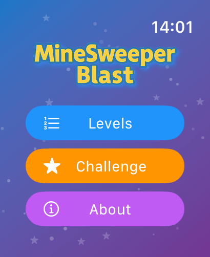 MineSweeper Blast: Watch game - Main menu of the MineSweeper Blast Apple Watch game featuring Levels and Challenge modes