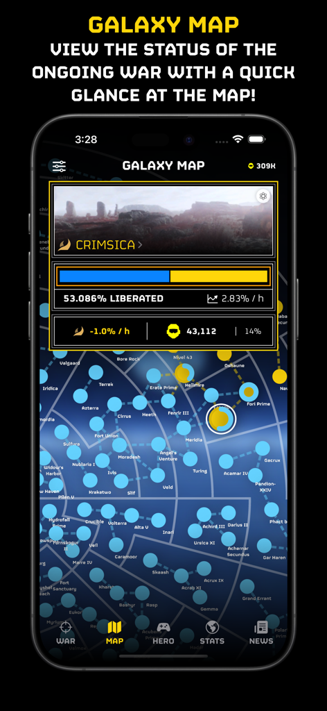 Galaxy map screen in the War Monitor for Helldivers 2 app showing planet liberation status and supply lines