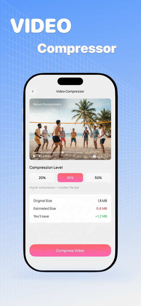 Clearboost - AI Junk Detection - Interfaz de la aplicación Clearboost que muestra la configuración de compresión de video y el ahorro de almacenamiento estimado