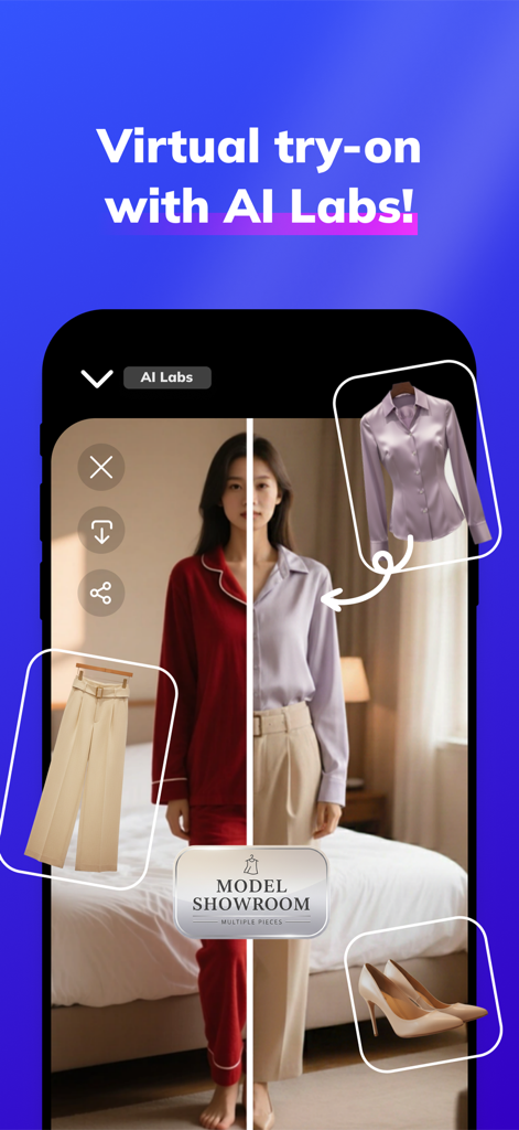 Vizia app interface showing a virtual try-on feature with AI-generated outfits in the Model Showroom.