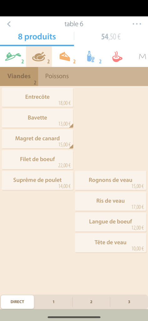 Popina - Interface du menu du point de vente Popina pour les commandes de restaurant