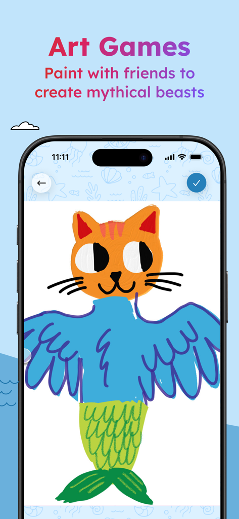 Project Aqua: Adobe for Kids - Project Aqua Art Games 앱 인터페이스의 다채로운 고양이 인어 그림