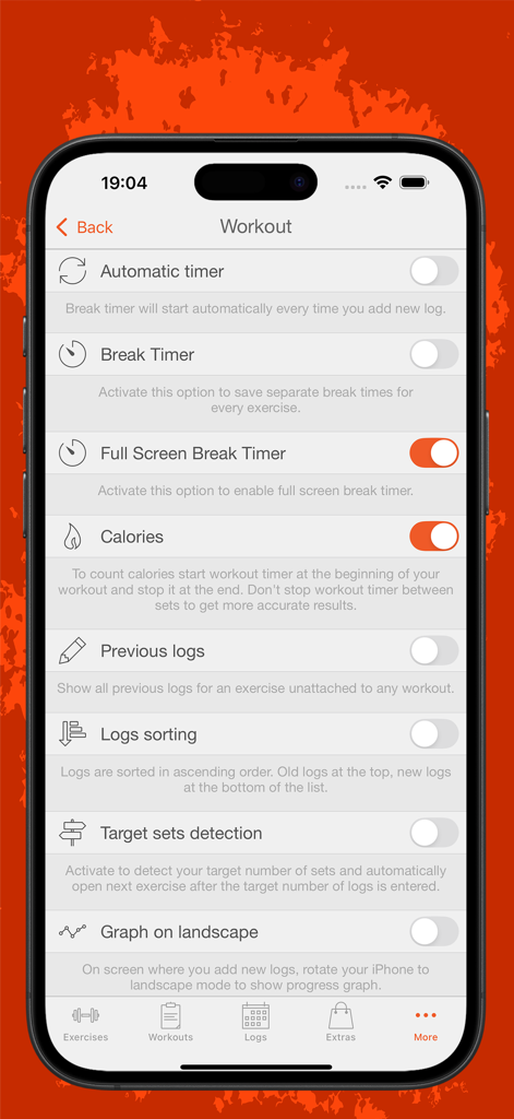 Menú de configuración de entrenamiento en la app Fitness Point que muestra opciones para temporizadores, seguimiento de calorías y ordenación de registros