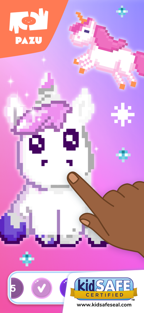Juego de colorear pixel para niños mostrando a un niño tocando un unicornio de pixel art con un sello de certificación apto para niños