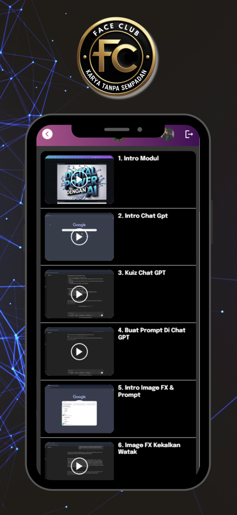 Face Club - Face Club app screen showing a list of video modules for learning AI and ChatGPT