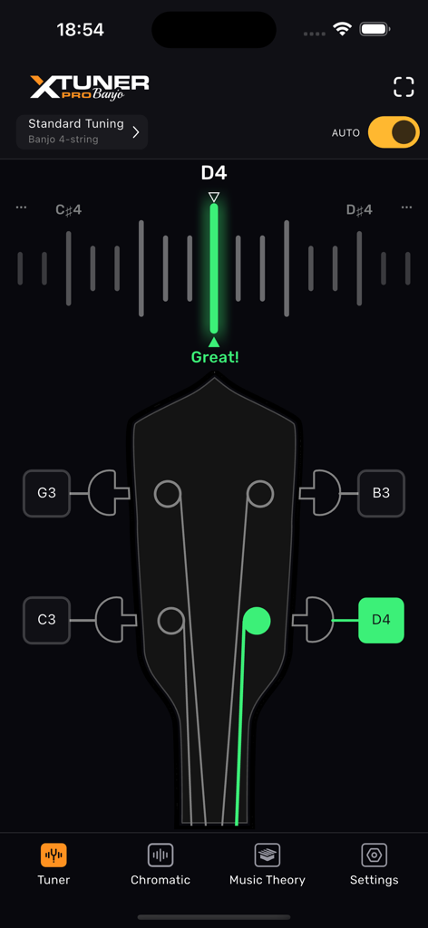 Banjo Tuner – XTuner PRO - XTuner PRO Banjo app interface showing a 4 string banjo being tuned to note D4 with visual feedback
