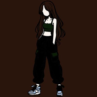 girl in baggy pants crop top and long hair