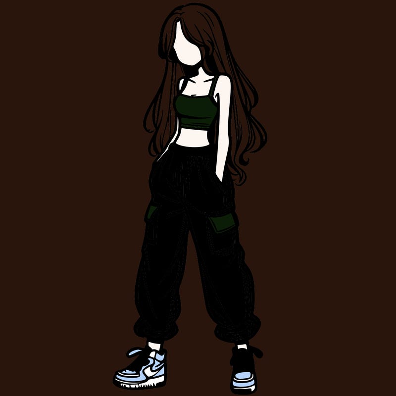 girl in baggy pants crop top and long hair