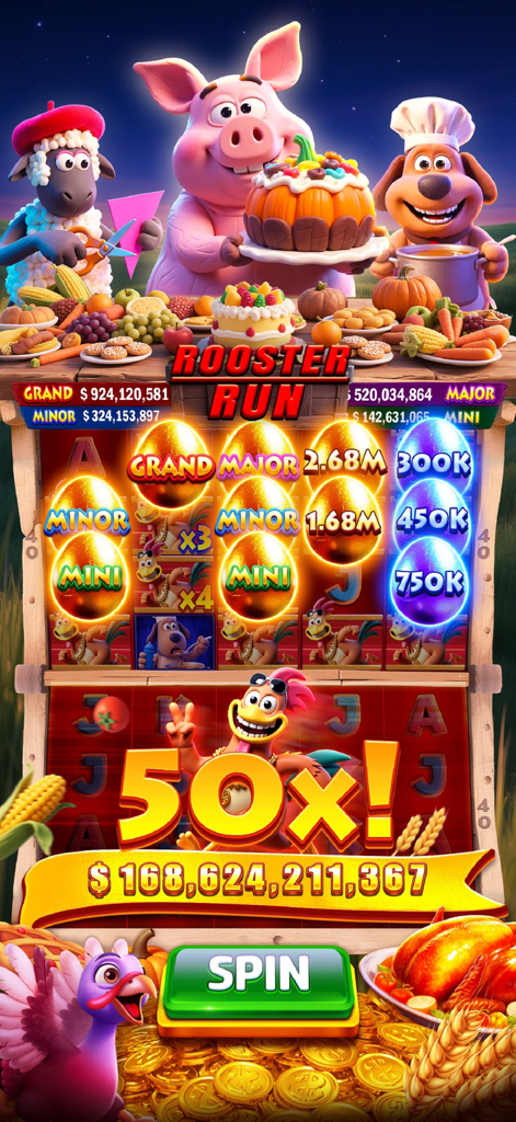 Golden Casino Rooster Run slot machine with farm animals and big win multiplier