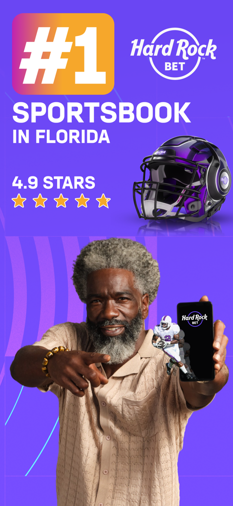 Hard Rock Bet: Sportsbook - Imagen promocional de Hard Rock Bet Sportsbook destacando su estatus número uno en Florida y su calificación de 4.9 estrellas con un casco de fútbol americano y un usuario sosteniendo la aplicación.