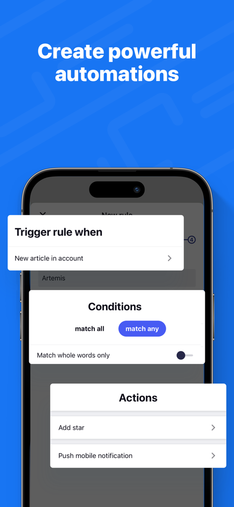 Interface of Inoreader showing the setup of powerful automation rules with triggers conditions and actions