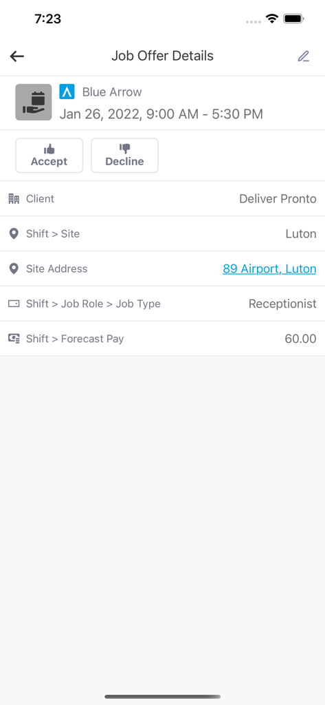 Interfaz de la aplicación Blue Arrow que muestra los detalles de una oferta de trabajo para recepcionista con opciones para aceptar y rechazar