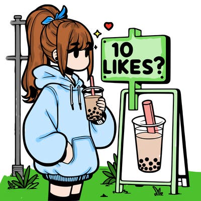 girl with oversized hoodie drinking boba and she has a high ponytail with a sign that says 10likes?
