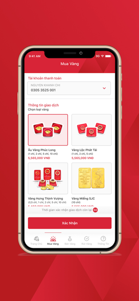 Mobile app interface for buying physical gold online showing different DOJI gold products with prices