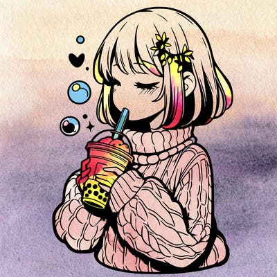 manga girl drinking boba in cozy sweater