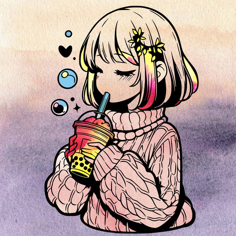 manga girl drinking boba in cozy sweater