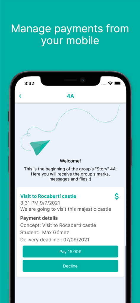 Edvoice - School communication - Pantalla de la aplicación móvil Edvoice que muestra una solicitud de pago para una excursión escolar