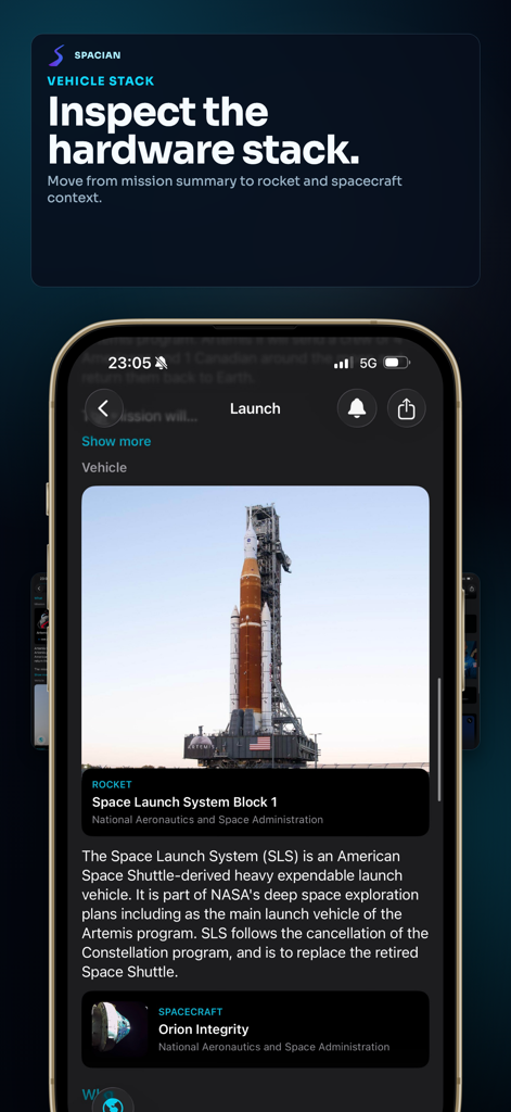 Spacian: Rocket Launch Tracker - Página de detalles en la aplicación Spacian que muestra la pila de hardware del cohete Space Launch System e información de la nave espacial Orion.
