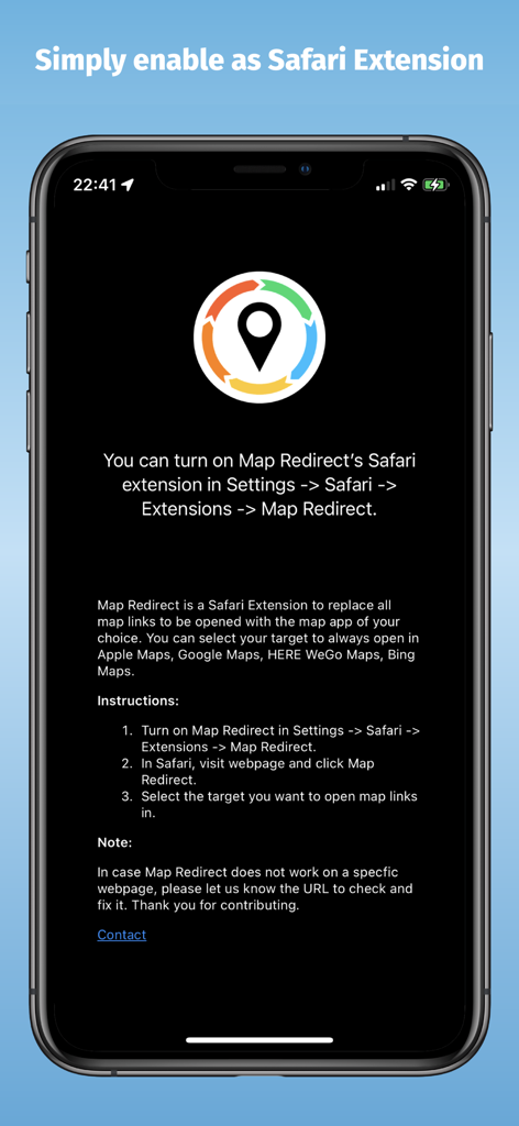 Pantalla de la aplicación Map Redirect mostrando instrucciones para habilitar la extensión de Safari en iPhone