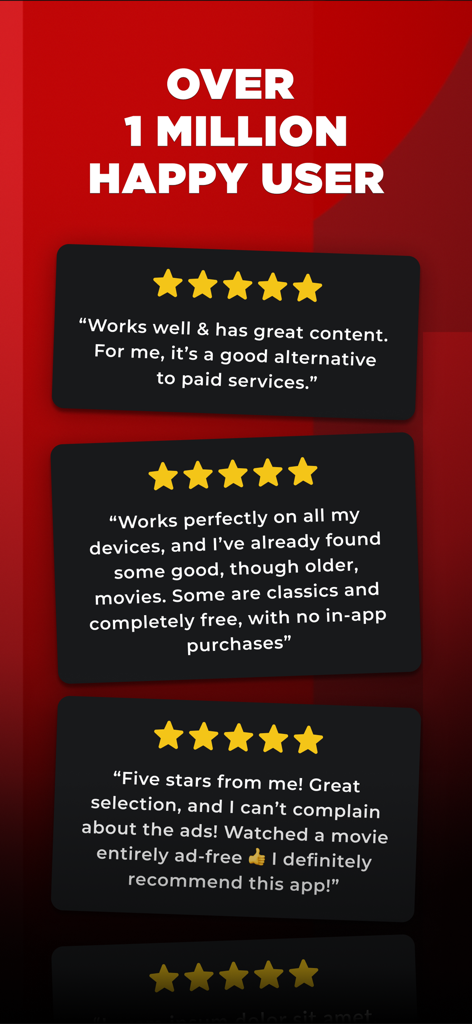 Fünf-Sterne-Benutzerbewertungen und Testimonials für die kostenlose Streaming-App wedotv.