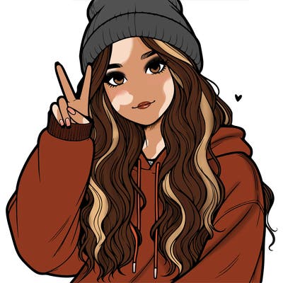 a teenage girl in a beanie, oversized sweatshirt, wavy long hair, and is showing a ✌️