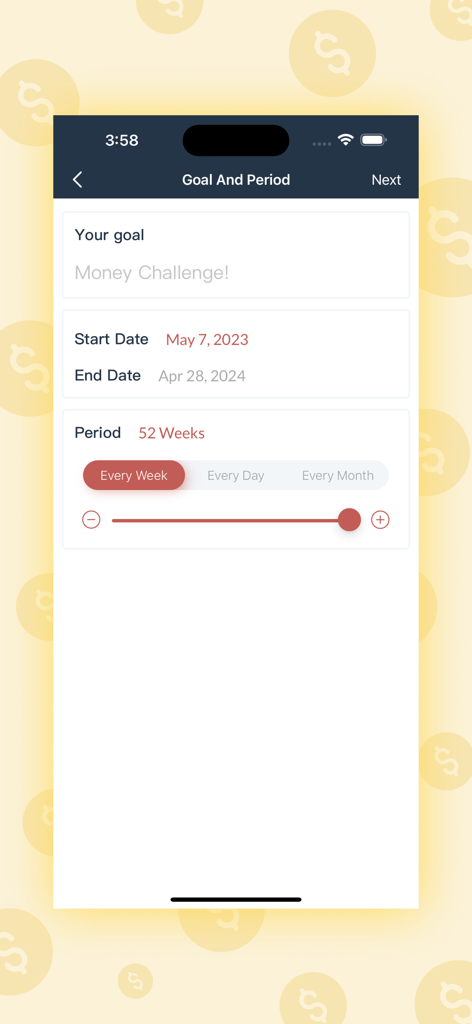 52 Weeks Money Challenge - Ziel- und Periodenkonfigurationsbildschirm in der 52-Wochen-Geld-Challenge-App, der Startdatum und 52-Wochen-Dauer anzeigt.