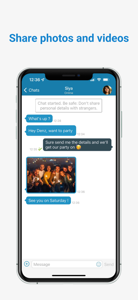 2go Chat - Hangouts, Chatrooms - A smartphone screen displaying a 2go private chat session where friends are sharing a group photo and text messages.